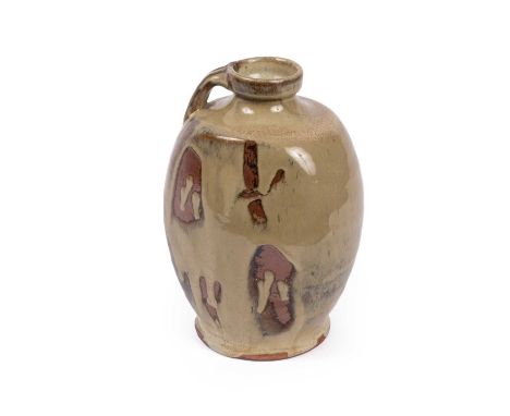 ARR Mike Dodd (born 1943), a stoneware flagon the dark olive grey with vertical brown decoration, 23cm high