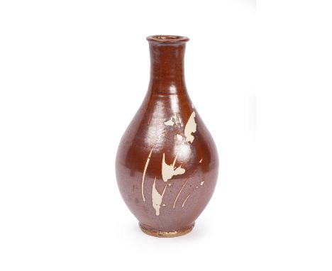 ARR Jim Malone (born 1946) a brown glaze vase with white slip in relief, 34cm highIn good condition, no damage or repair