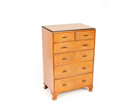 Art Deco chest of drawers figured walnut veneer with ebonised moulding details, the rectangular caddy moulded top above two s