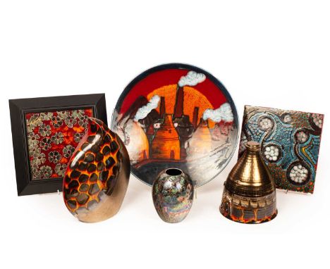 Anita Harris pottery, five pieces comprising a charger with smoking bottle ovens in Staffordshire, 41cm, numbered 1/10, a tea