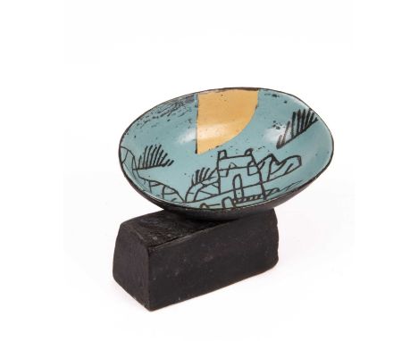 ARR John Maltby (1936-2020) an oval pottery bowl on rectangular plinth, the bowl decorated a house, signed beneath, 14cm wide