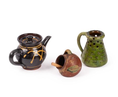 ARR Clive Bowen (born 1943), a slipware teapot with abstract and line design in yellow, 10.5cm high, a Brannam Barnstaple gre