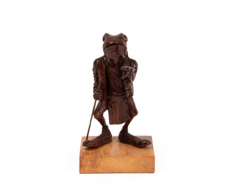 ARR Ian Norbury (born 1948) The Frog Footman, wooden carving, on a rectangular base, initalled30cm highcomb broken a loose