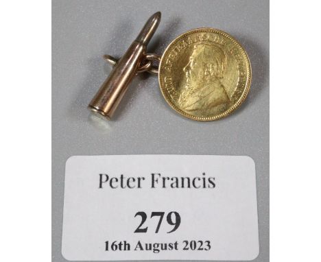 South African gold half Pond with chain and bullet button hole mount. 7.6g approx. (B.P. 21% + VAT)
