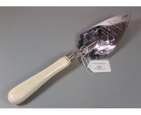 Victorian silver presentation trowel presented by the 'Trustees of the Hartland Wesleyan Chapel, Widnes, to Miss Jane Rogers 