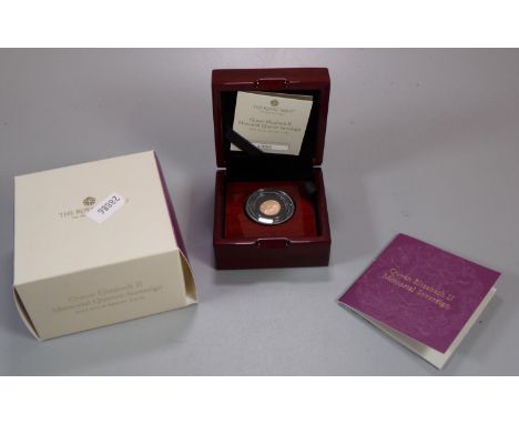 The Royal Mint, Queen Elizabeth II Memorial quarter-sovereign 2022 gold proof coin in original box with COA.  (B.P. 21% + VAT