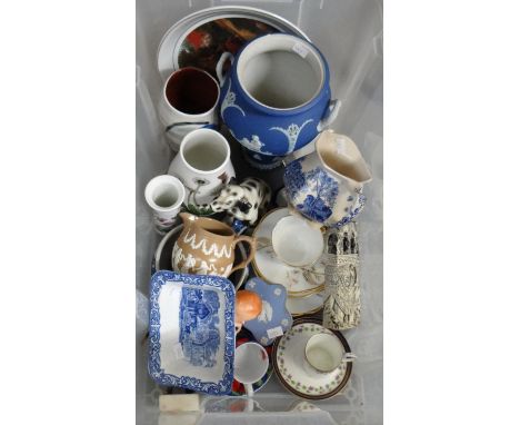 Box of assorted china to include: collectors plate, Wedgwood Jasperware urn and trinket box, blue and white Jones & Sons 'Abb