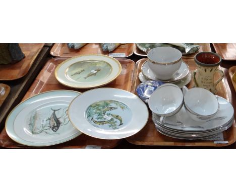 Three trays of fish and fishing related china to include: two Gray's pottery 'Fisherman's Prayer' tankards in different sizes