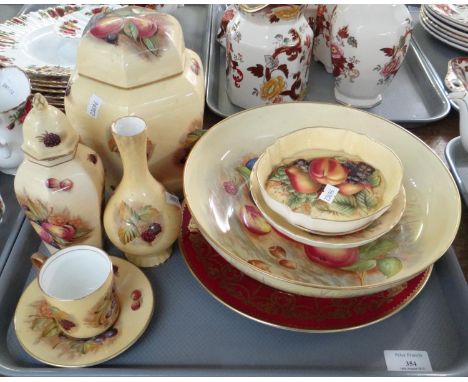 Tray of Aynsley 'Orchard Gold' design items to include: coffee cup and saucer, ginger jars, vase, trinket trays, pedestal dis