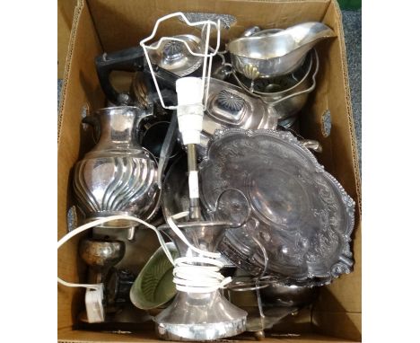 Box of metalware, mostly silver plate to include: pedestal bowl, table lamp, cruet stand, coffee pots, teapot, sauce boat, ca