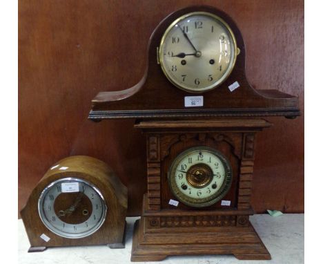 Mid century oak two train arched mantle clock, early 20th century oak cased two train mantle clock and a mahogany cased two t