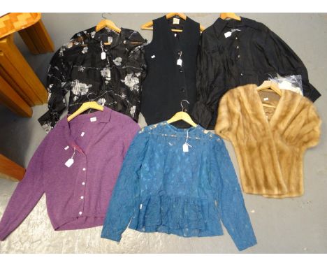 Collection of vintage clothing to include: a palomino mink fur stole, a floral print 70's shirt, a 60's sleeveless black St M