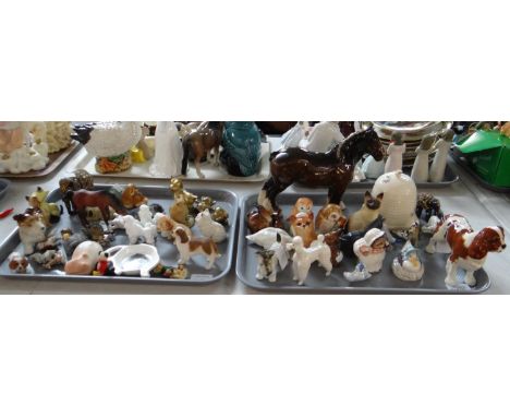 Two trays of mostly animal figures to include: Shire horse, Beswick rabbits, poodle and swan, Beswick Beatrix Potter 'Mrs Tig