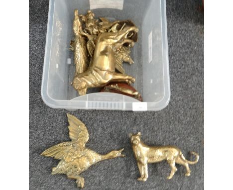 Box of various animal figures mostly brass; dogs, leopard, wall hanging ducks, donkey, cat's head, peacock and a fox and gate