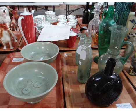 Collection of glass to include: soda and green glass jug and vase, Schweppes vintage bottle, another vintage bottle marked 'S