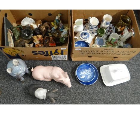 Two boxes of mostly china to include: Wedgwood Jasperware, Honiton pottery preserve jar, moulded cheese dish, Copenhagen porc