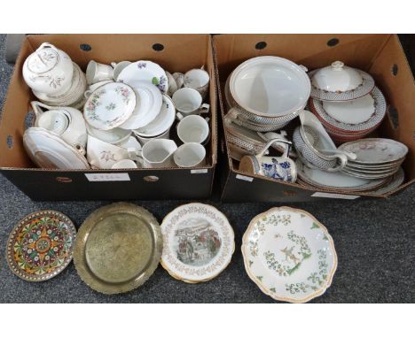 Two boxes of china to include: floral part teaset with teapot, Dickens collectors plates, various floral and other teaware; R