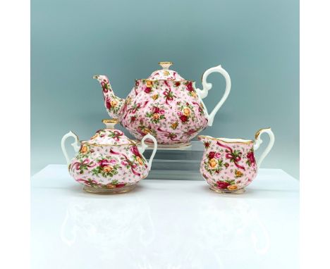 Part of the Old Country Roses Ruby Celebration Collection this is a beautiful collection of a teapot, creamer, and sugar bowl