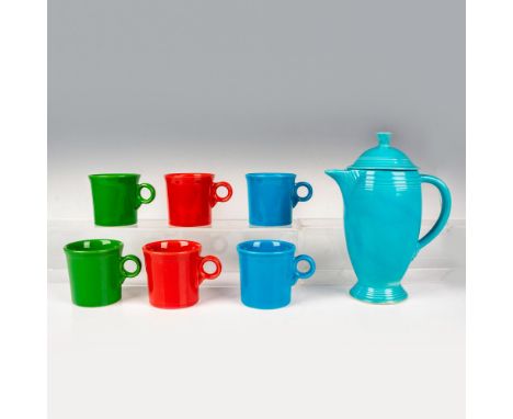 This vibrant grouping comprises a light blue covered coffee pitcher measuring 8"L x 5"W x 10.25"H, accompanied by a set of si