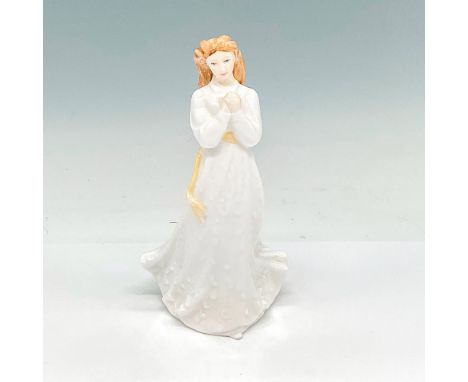 Glazed figure of a young lady in a long white dress with a pale yellow sash. Royal Doulton backstamp. Dimensions: 3"L x 3.25"