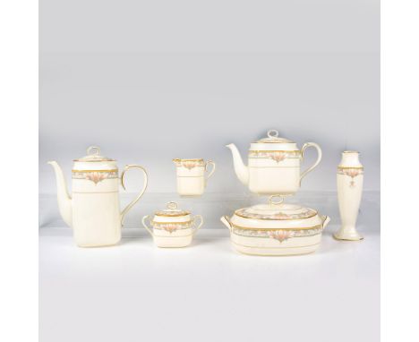 Six tableware serving items in cream color with pink and blue floral design with gold rims and accents. Noritake backstamp. T