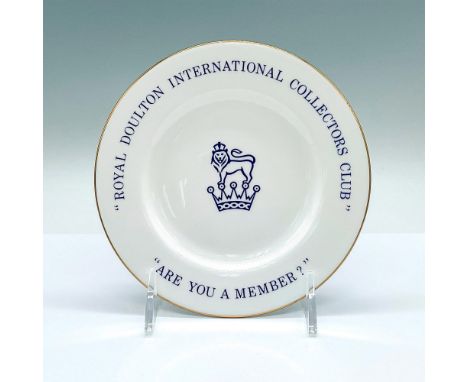 White round plate with gilded trim. Royal Doulton International Collectors Club on the top, and Are You A Member? on the bott