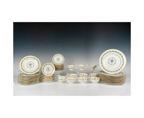 Includes 12 plates 10.5" dia.; 12 plates 9" dia.; 12 plates 5.5" dia.; 12 cups, 12 saucers, and a creamer. Coalport backstamp