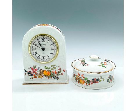 White bone china with colorful autumn fruits and flowers motif, gold rim. Aynsley backstamp. Clock 4.75"L x 2"W x 6"H. Lidded