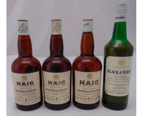 Three 26 2/3 fl ozs bottles of Haig Gold Label Scotch Whisky, two with spring cap and a 26 2/3 fl oz Black and White Scotch W