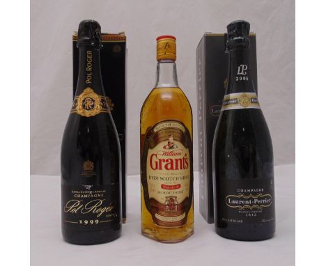 Laurent-Perrier champagne 2006 in fitted packaging, Pol Roger 1999 vintage champagne in fitted packaging and Grants Family Re