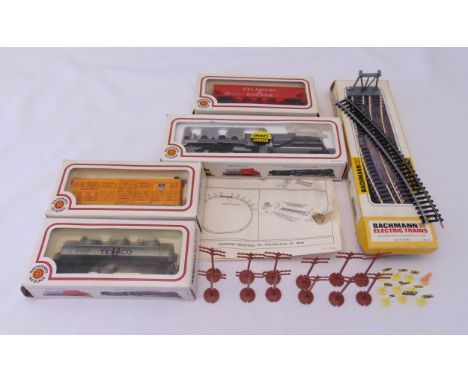 Bachmann HO gauge to include an engine and tender, an oil tender, two other carriages and accessories