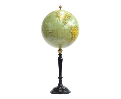 A smart 20th century reproduction terrestrial 12" globe by Merzbach &amp; Falk, the southern polar calotte with a label readi