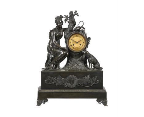 A Charles X patinated bronze figural mantel clock, the dial signed for JF Bauttes, Geneva, second quarter 19th century, the c