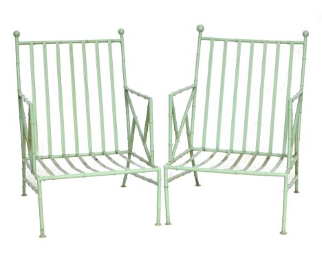 A set of six green painted wrought iron faux bamboo garden open armchairs, with cushions, 60cm wideProvenance: from the estat