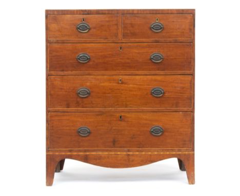 An early 19th century chest of two short over three long drawers, caddy moulded top, on a shaped apron and bracket feet, 90cm