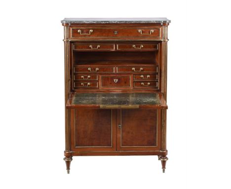 A mahogany, marble and gilt metal mounted secretaire a abbatant, c.1800, the interior with drawers and pigeon holes around a 