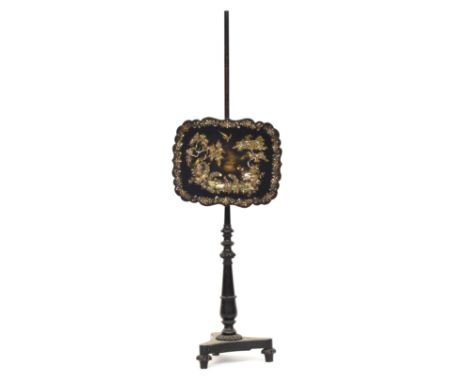 A 19th century ebonised and abalone inlaid pole fire screen, in the manner of Jennens &amp; Bettridge, 134cm high