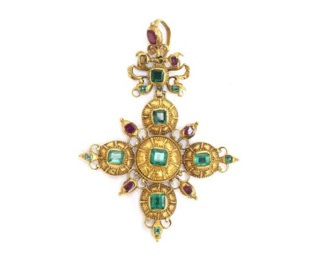 An 18th century Iberian gold cross pendant set with emeralds, emerald paste, and rubies, the largest ruby 4x2.5mm, bears hall