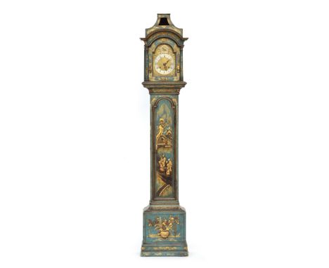 A George III blue japanned longcase clock, domed 5" dial with silvered chapter ring, the trunk door japanned with pagoda and 