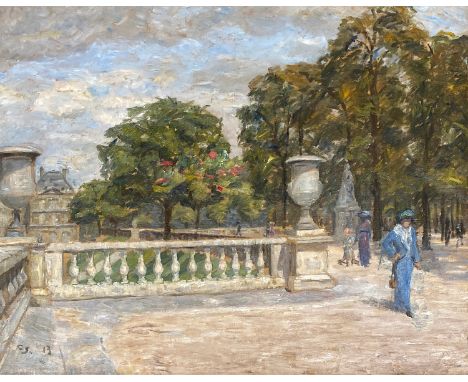 A 20th century oil on canvas, figures in a continental park beside a stone balustrade, initialled CS and dated '13, 76x95cm