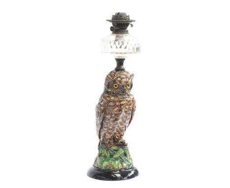 A late 19th century Wilhelm Schiller &amp; Sons majolica oil lamp in the form of an owl c.1885, stamped WS&amp;S to base, the