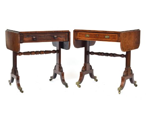 A near pair of Regency sofa tables, one rosewood, one mahogany, each with single drawer, the end supports joined by turned st