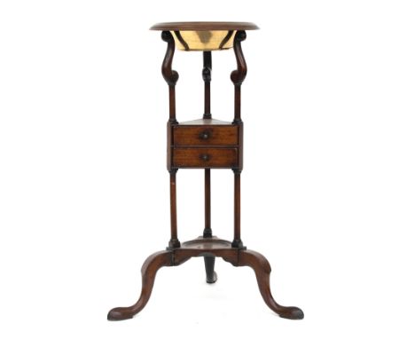 A George III washstand, with two drawers and tripod cabriole legs, 78cm high