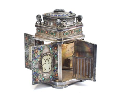 An exceptional early 20th century Chinese export table top cigarette dispenser/smoking box, all over cloisonne enamel decorat