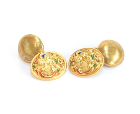 A pair of yellow metal cufflinks, repousse cherub and enamel design, with later gilt metal button backs, the yellow metal tes
