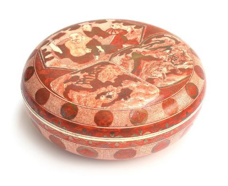 A Japanese Kutani circular lidded box, profusely decorated inside and out with panels depicting tigers, dragons and Buddhist 