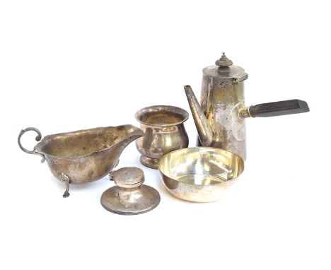A small mixed lot of silver to include a side handled coffee pot; sauce boat; two small bowls; and a capstan inkwell (AF), gr