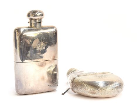 A large silver hip flask by Brook &amp; Son, London 1918, the removable cup with silver gilt interior, 16cm high, 10.5ozt; to