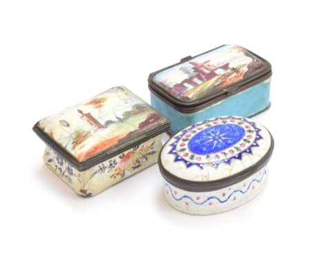 A Georgian Bilston enamel patch box, cobalt blue, pink and green decoration, mirror on inside of lid, 5.5cm wide; together wi