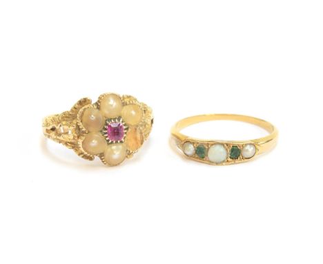 A Georgian gold floral cluster ring set with split pearls and a central ruby (af), approx. size O, 3.5g; together with a Vict